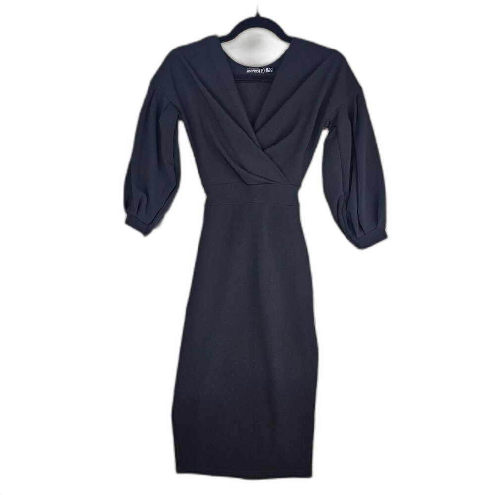Boohoo US 4P Black Wrap Midi Dress Puffed Sleeve Tie Waist Surplice Bodycon